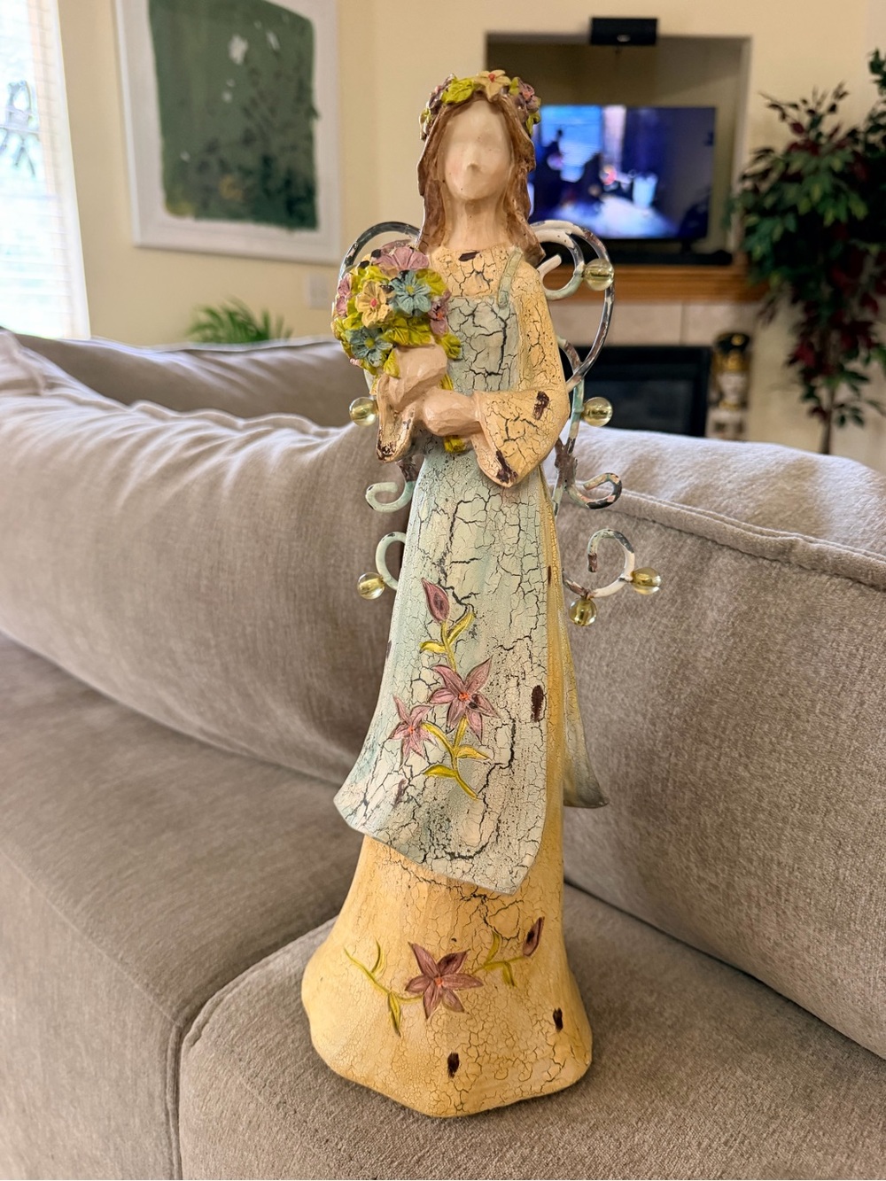 Handcrafted Floral Angel Figurine in Pastel Yellow and Blue